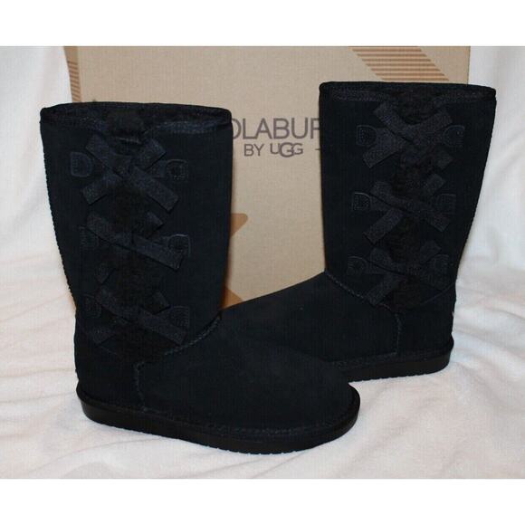 NIB Koolaburra Ugg Victoria Tall Bow Girls Suede‎ Shearling Boots Black - Picture 2 of 6